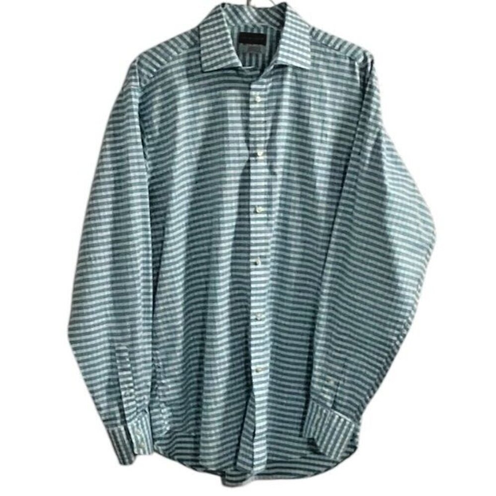 Thomas Dean Men’s Cotton Checkered Button Front Shirt - Sky Blue - L